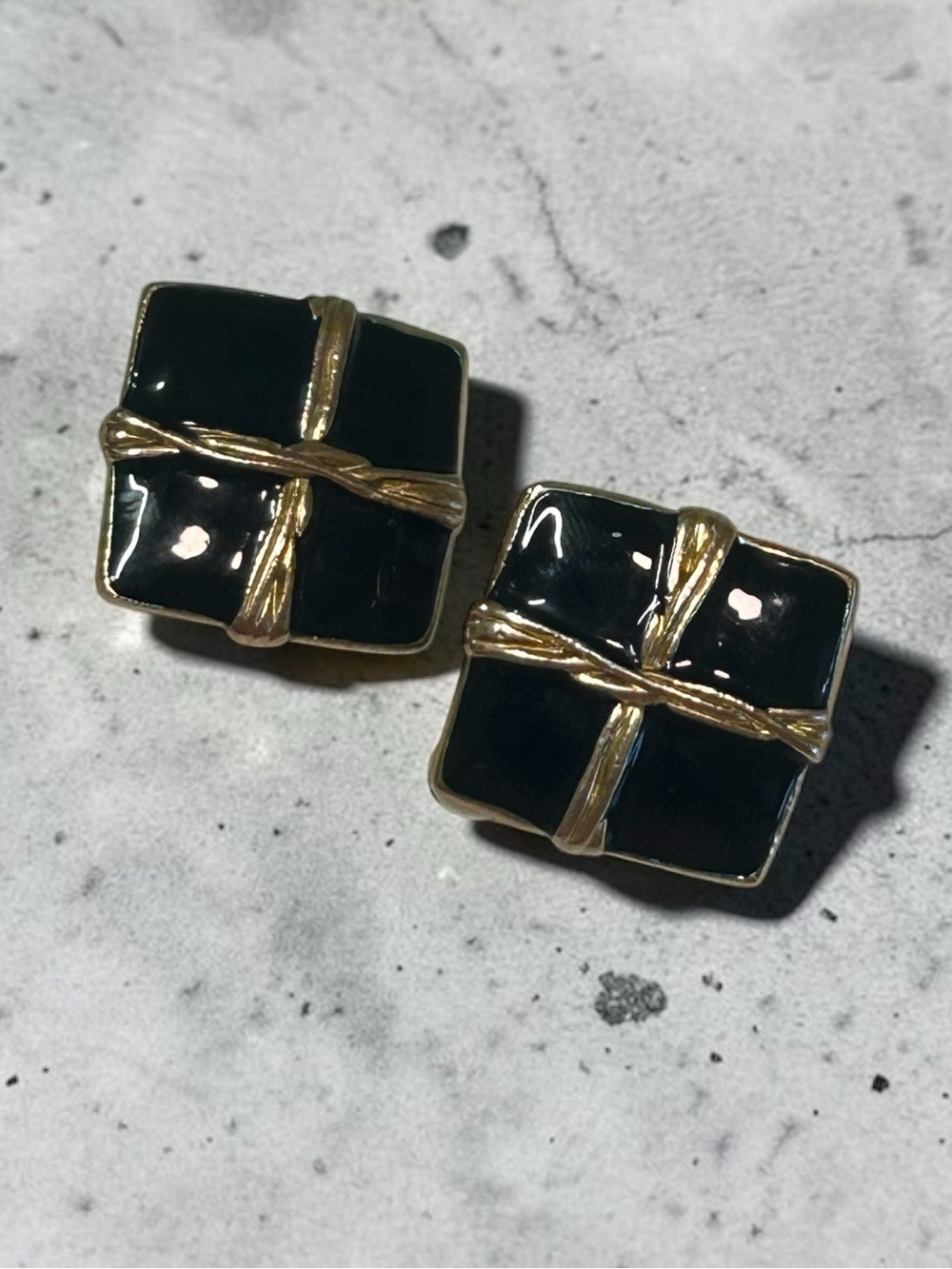 Vintage Enamel Dark Blue or Black with Gold Clip Earrings